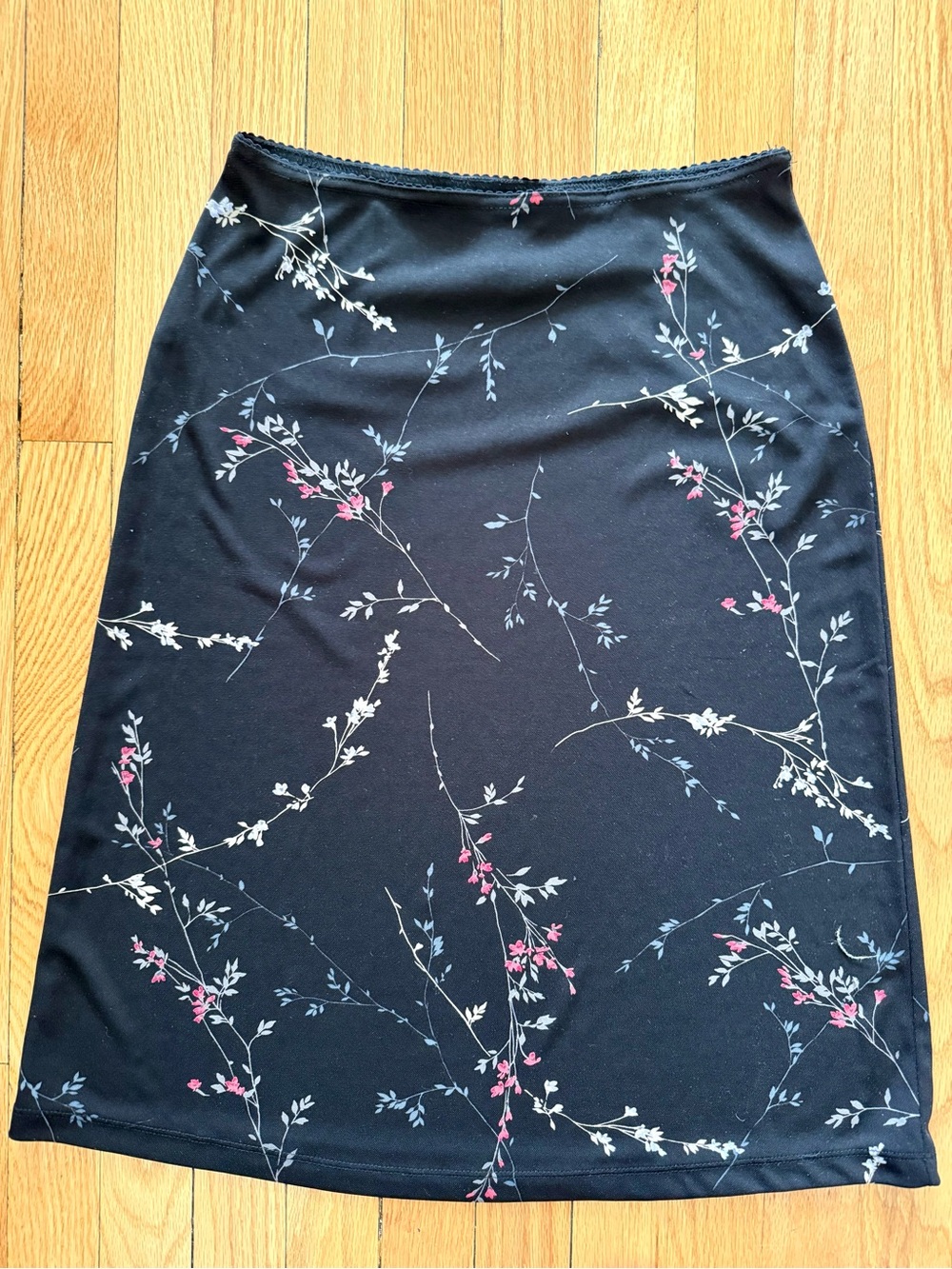 90s Express Black Slip Skirt with Pink & White Floral Design